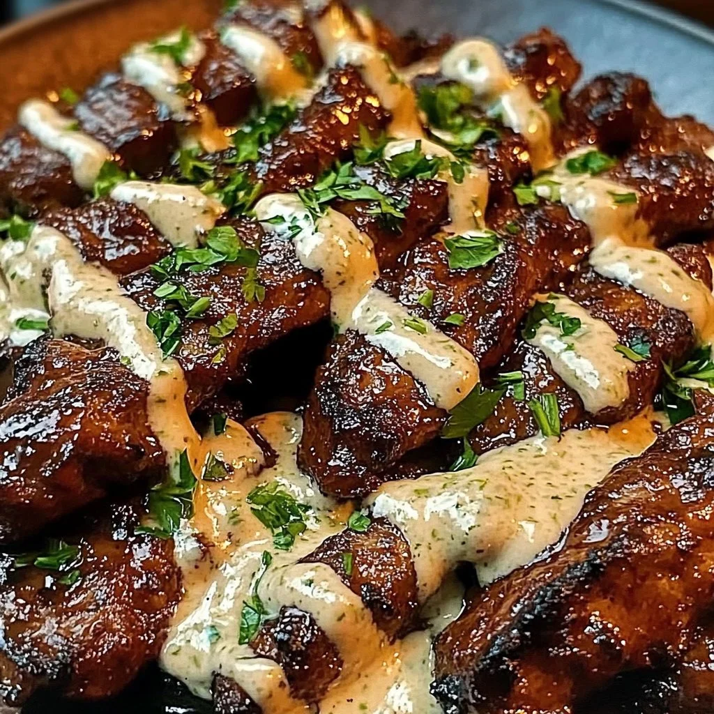 Plate of Sweet Chili Beef Strips with Lime Ranch dressing on the side