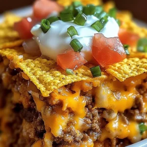 Delicious Taco Doritos Casserole topped with crunchy Doritos and melted cheese