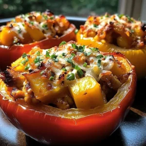 Teriyaki Pineapple Chicken Stuffed Peppers dish garnished and ready to serve.