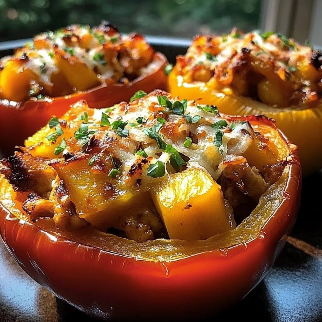 Teriyaki Pineapple Chicken Stuffed Peppers dish garnished and ready to serve.