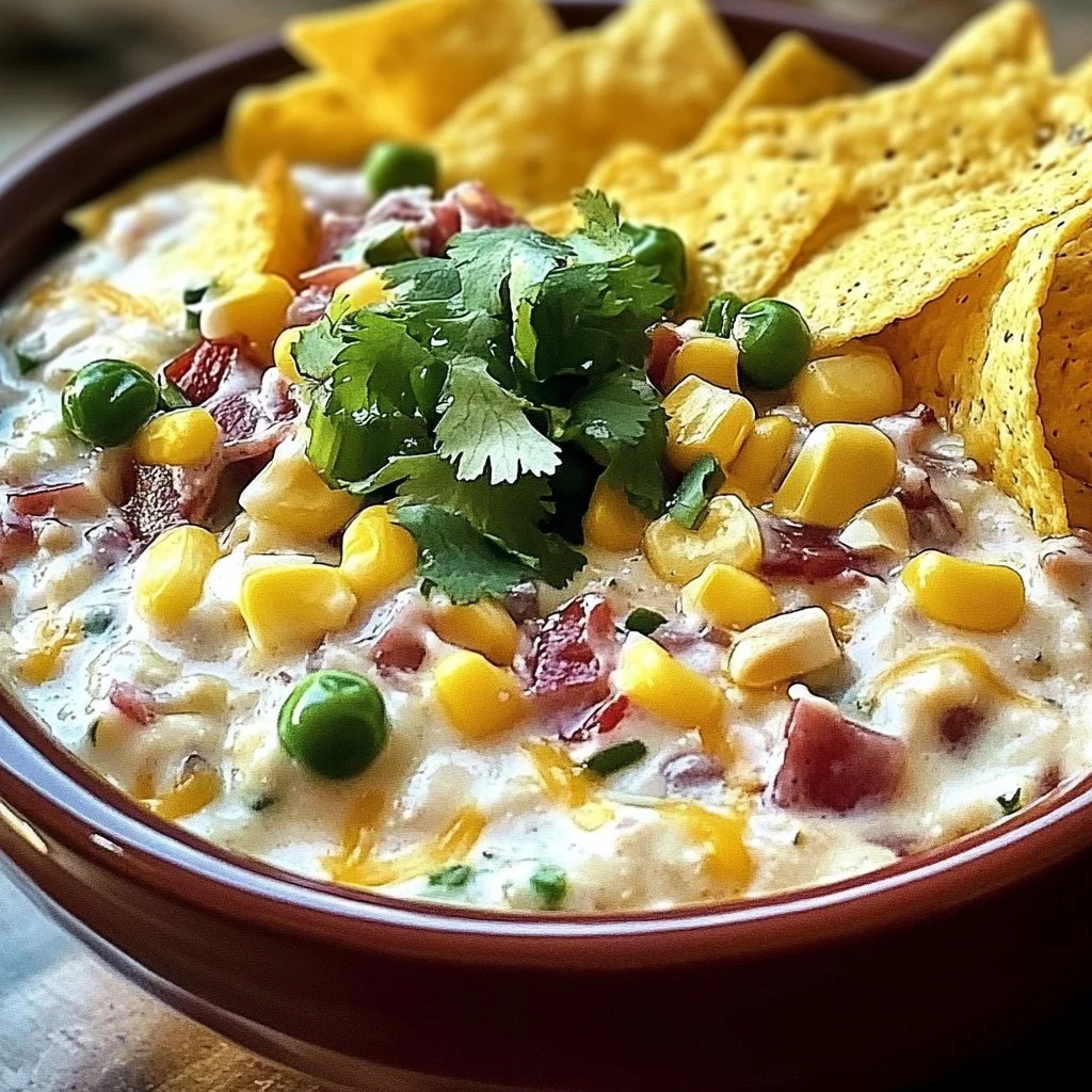 Delicious Texas Trash Dip served in a bowl, ready for dipping with tortilla chips.
