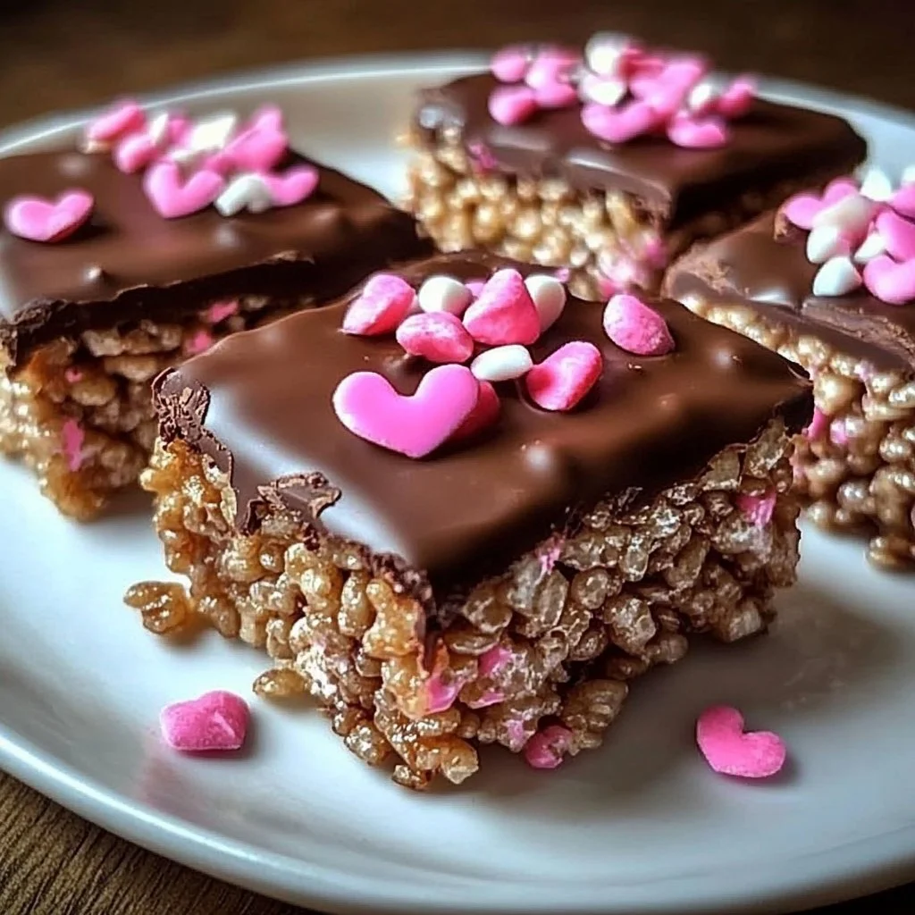 Valentine chocolate dipped rice krispie treats decorated with heart sprinkles