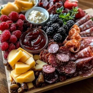 Valentine's brunch charcuterie board with heart-shaped foods and festive decor