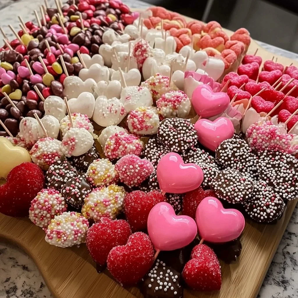 A beautifully arranged Valentine's candy board filled with assorted sweets.