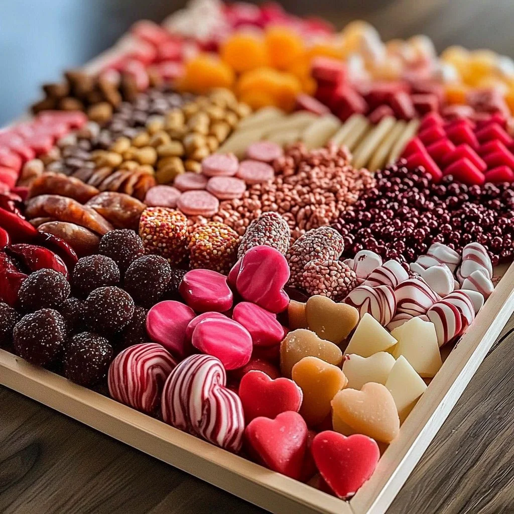 Delicious Valentine's Day candy charcuterie board with assorted sweets and treats