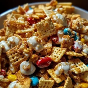 Colorful Valentine's Day Chex Mix with hearts and chocolate in a bowl