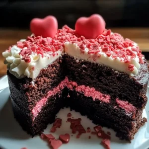 Valentine's Day chocolate cake topped with heart-shaped decorations.