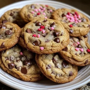 Delicious Valentine's Day chocolate chip cookies on a festive plate