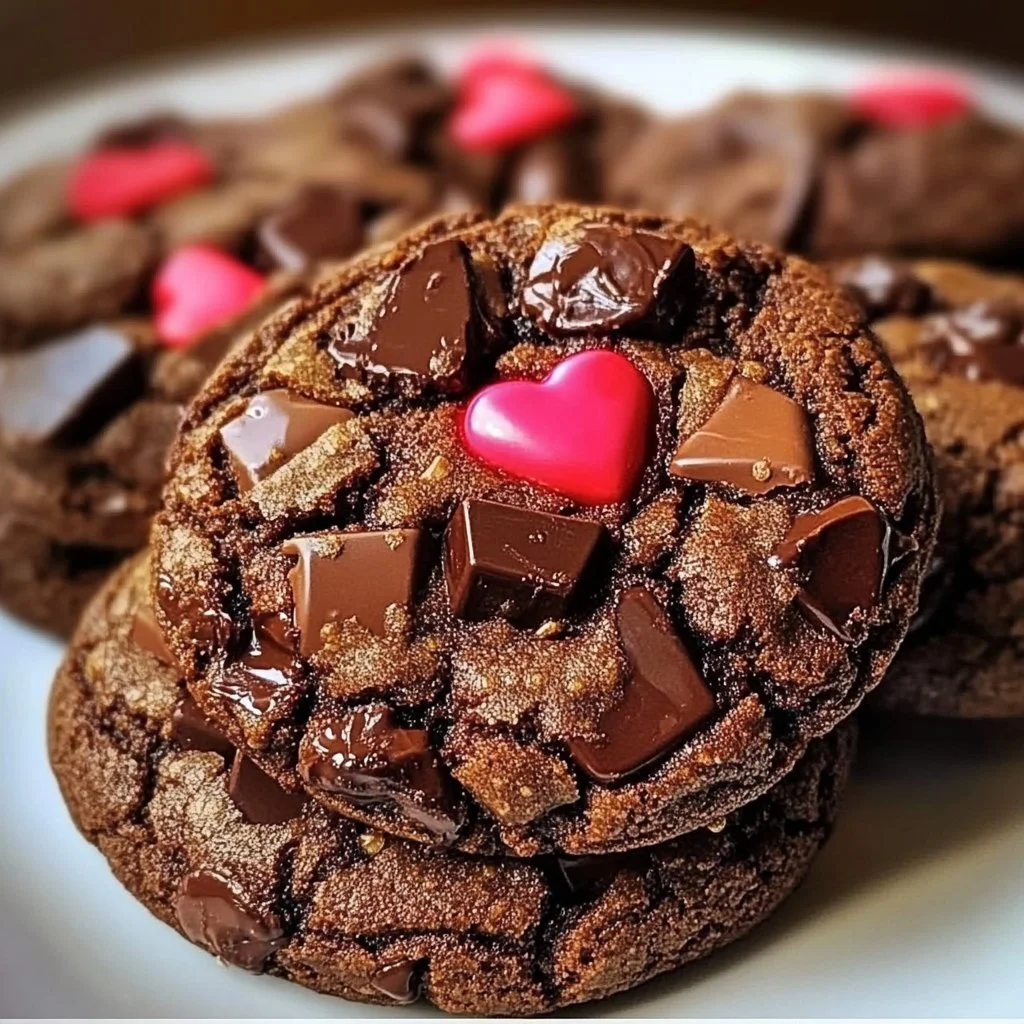 Valentine's Day themed chocolate cookies decorated with heart shapes