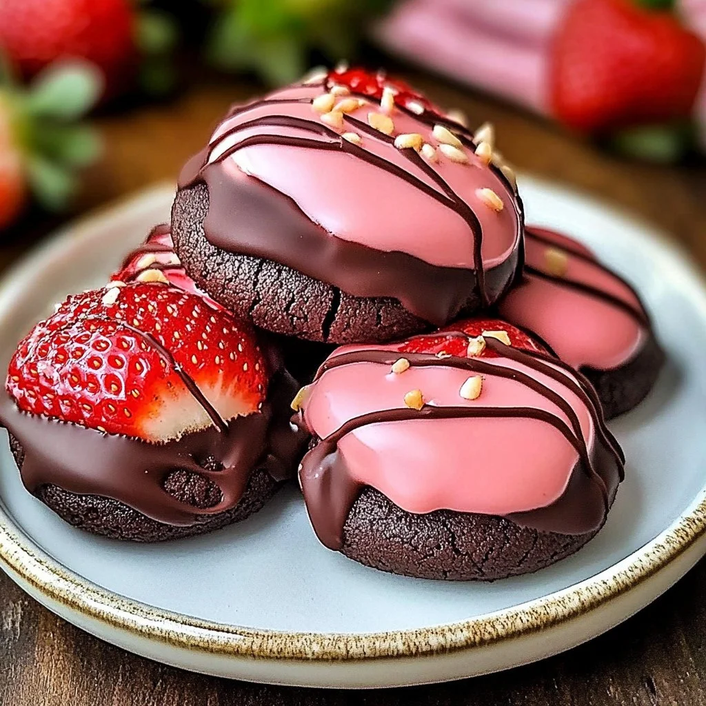 Delicious Valentine's Day chocolate covered strawberry cookies on a festive platter.