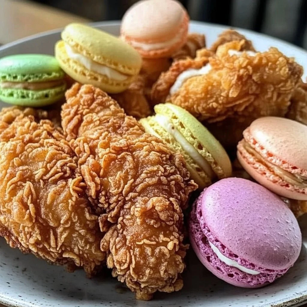 Valentine’s Day fried chicken and macaron bouquet on a festive table