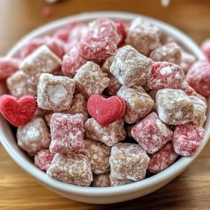 Valentine's Day themed Muddy Buddies dessert with pink and red sprinkles