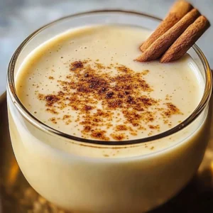 Glass of Vegan Almond Eggnog topped with nutmeg and cinnamon