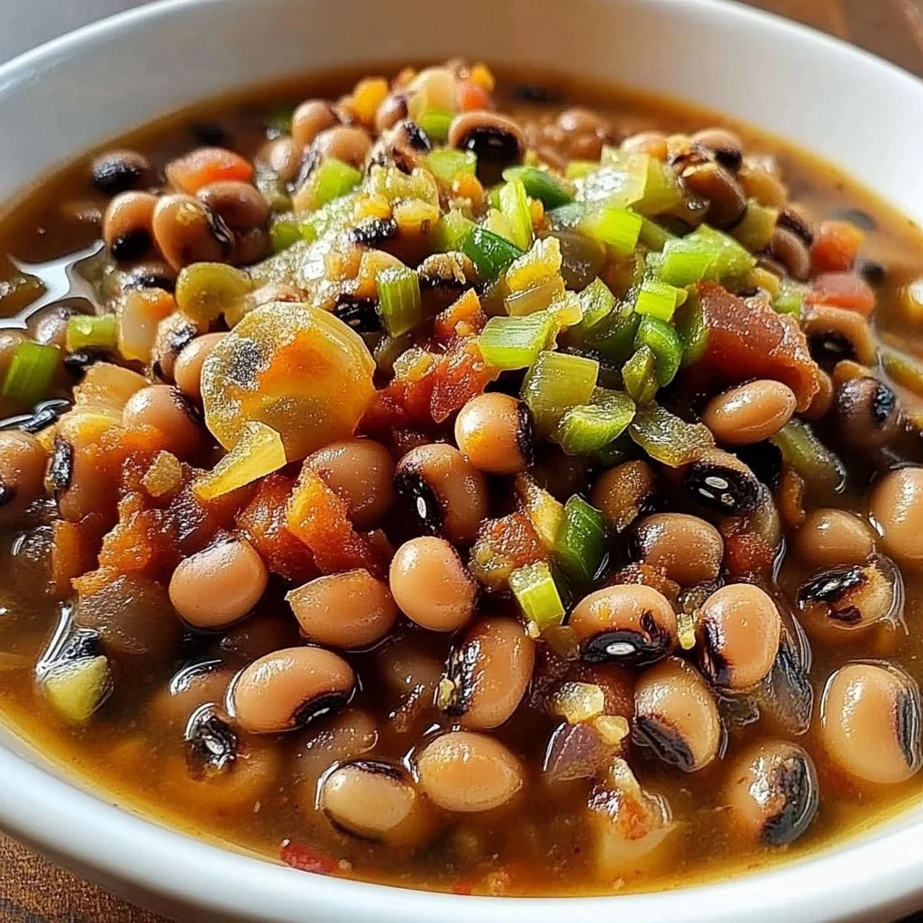 A bowl of vegetarian black eyed peas garnished with herbs.