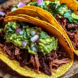 Crispy shredded beef tacos topped with guacamole on a plate