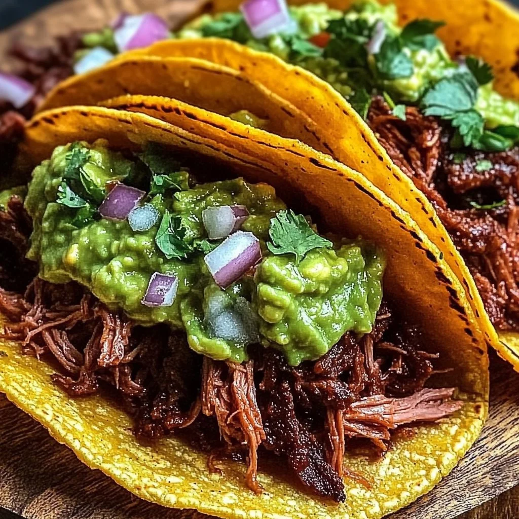Crispy shredded beef tacos topped with guacamole on a plate