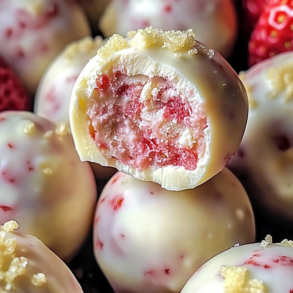 Delicious white chocolate strawberry truffles served on a plate
