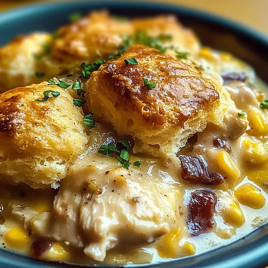 Delicious Chicken and Biscuit Cobbler served in a warm bowl