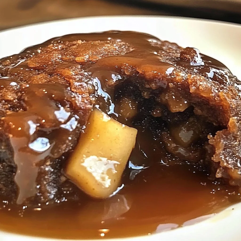 Apple Date Gingerbread Pudding drizzled with golden sauce dessert
