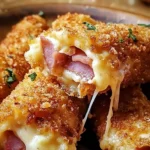 Baked ham and cheese mozzarella sticks on a plate