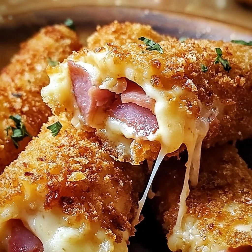 Baked ham and cheese mozzarella sticks on a plate