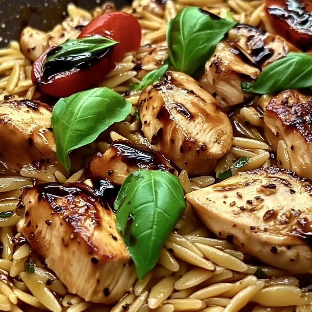 Balsamic Chicken Orzo served with fresh vegetables and herbs