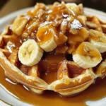 Delicious banana waffles drizzled with caramel topping on a plate