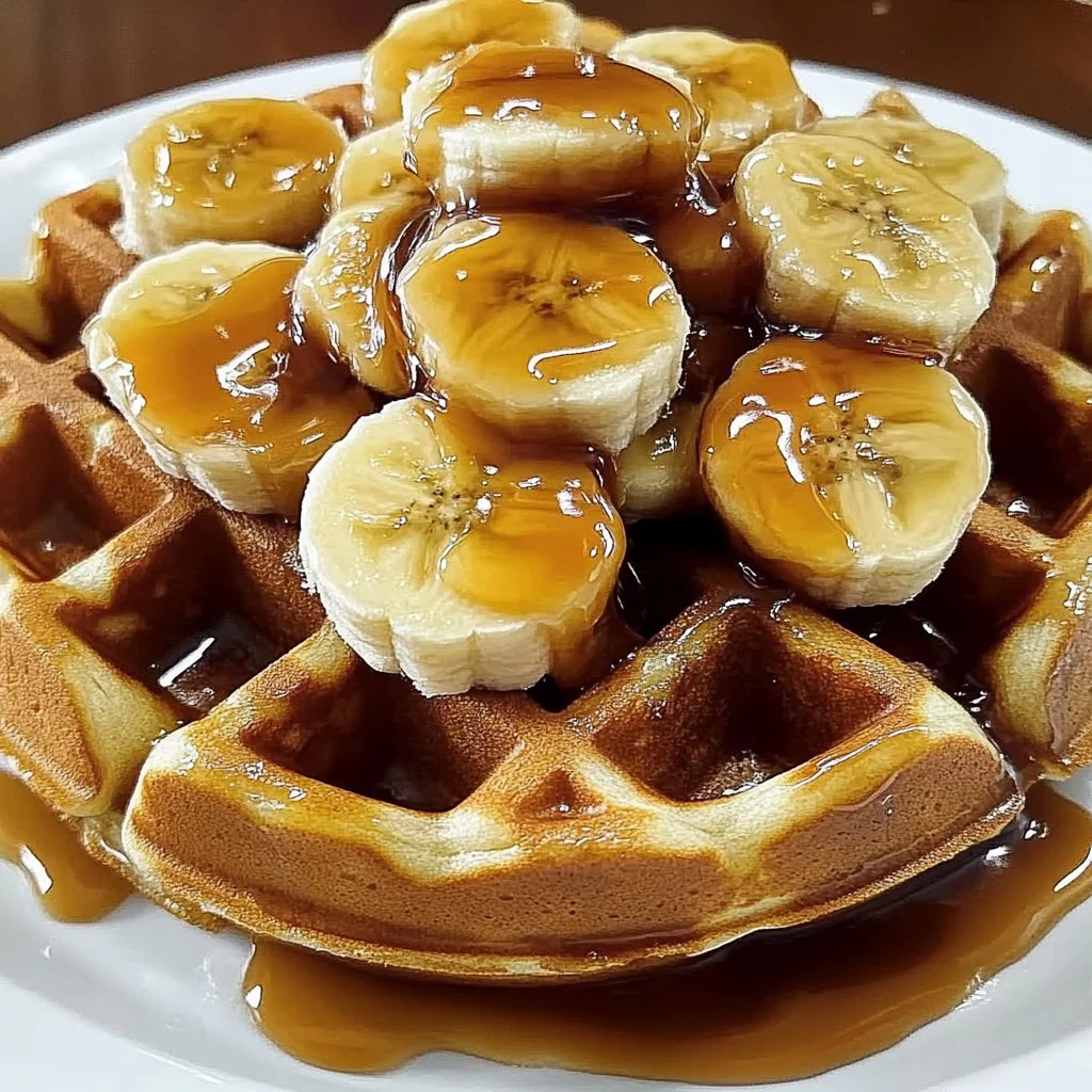 Banana Waffles with Caramel Topping