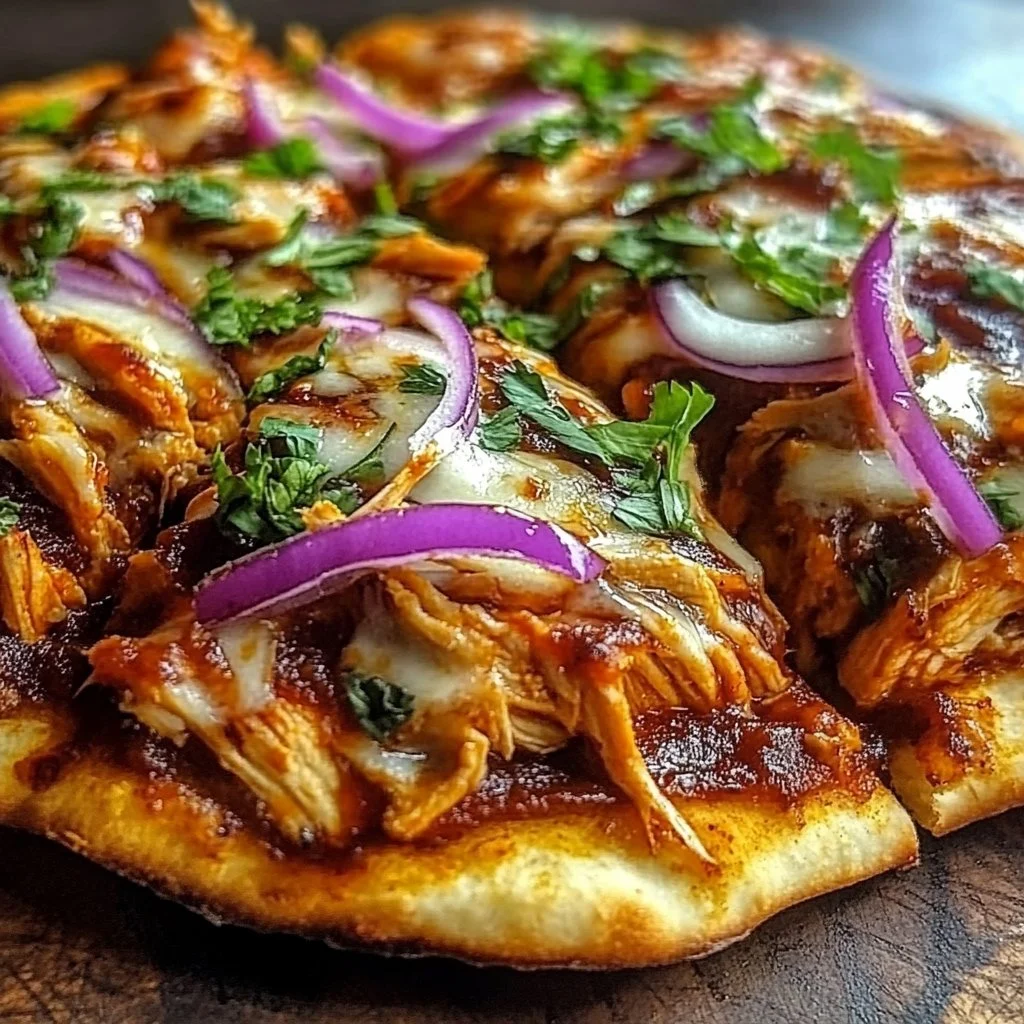 BBQ chicken flatbread topped with fresh ingredients and zesty sauce