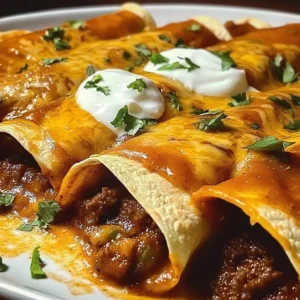 Delicious beef enchiladas topped with cheese and garnished with cilantro.
