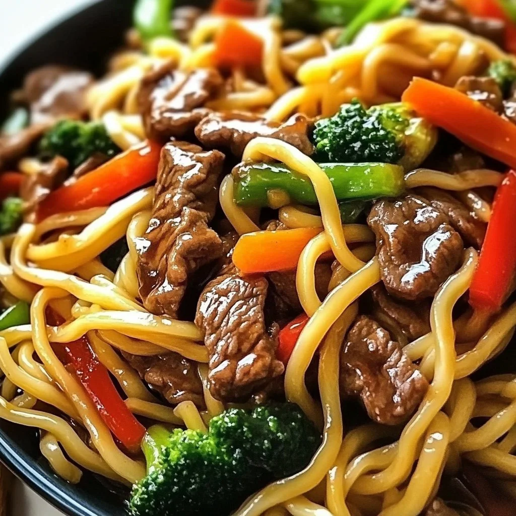 Delicious Beef Lo Mein with vegetables and noodles in a savory sauce