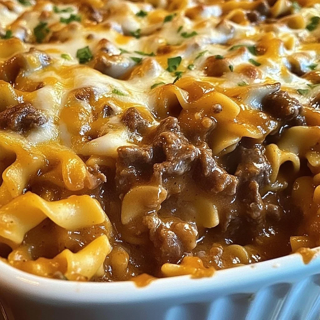Delicious beef noodle casserole served in a bowl with herbs and cheese on top.