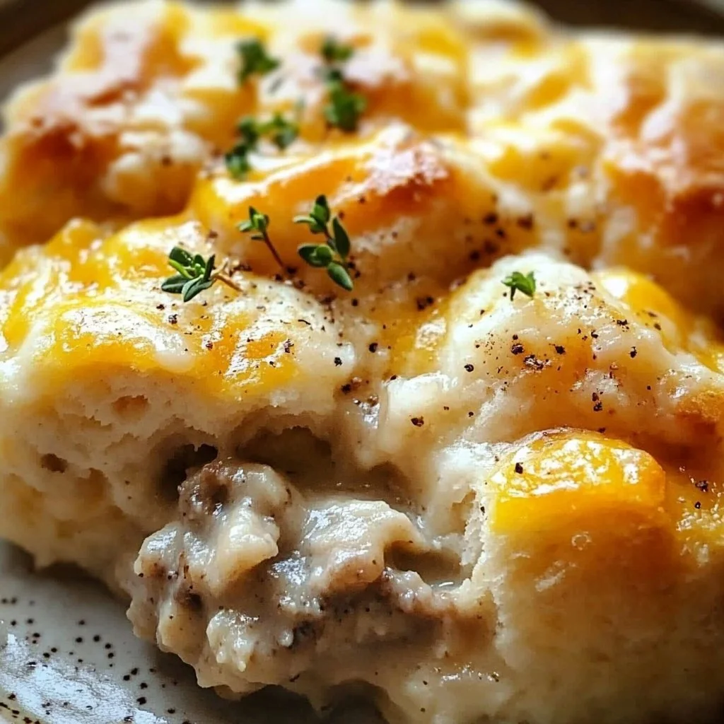 Delicious biscuits and gravy breakfast casserole served in a baking dish