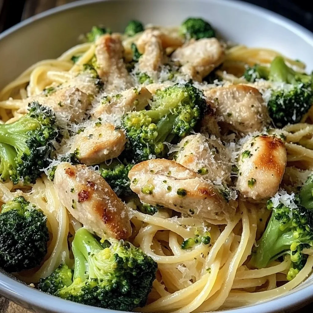 Delicious Chicken Broccoli Pasta served in a bowl with fresh herbs.