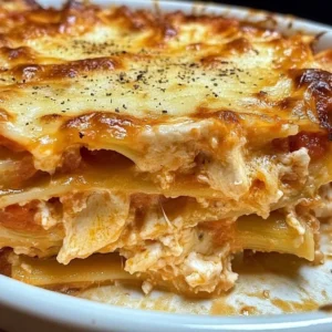 Delicious Chicken Parmesan Pasta Casserole with layers of cheese and chicken