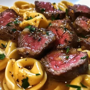 Delicious Cowboy Butter Steak Tortellini served with fresh herbs