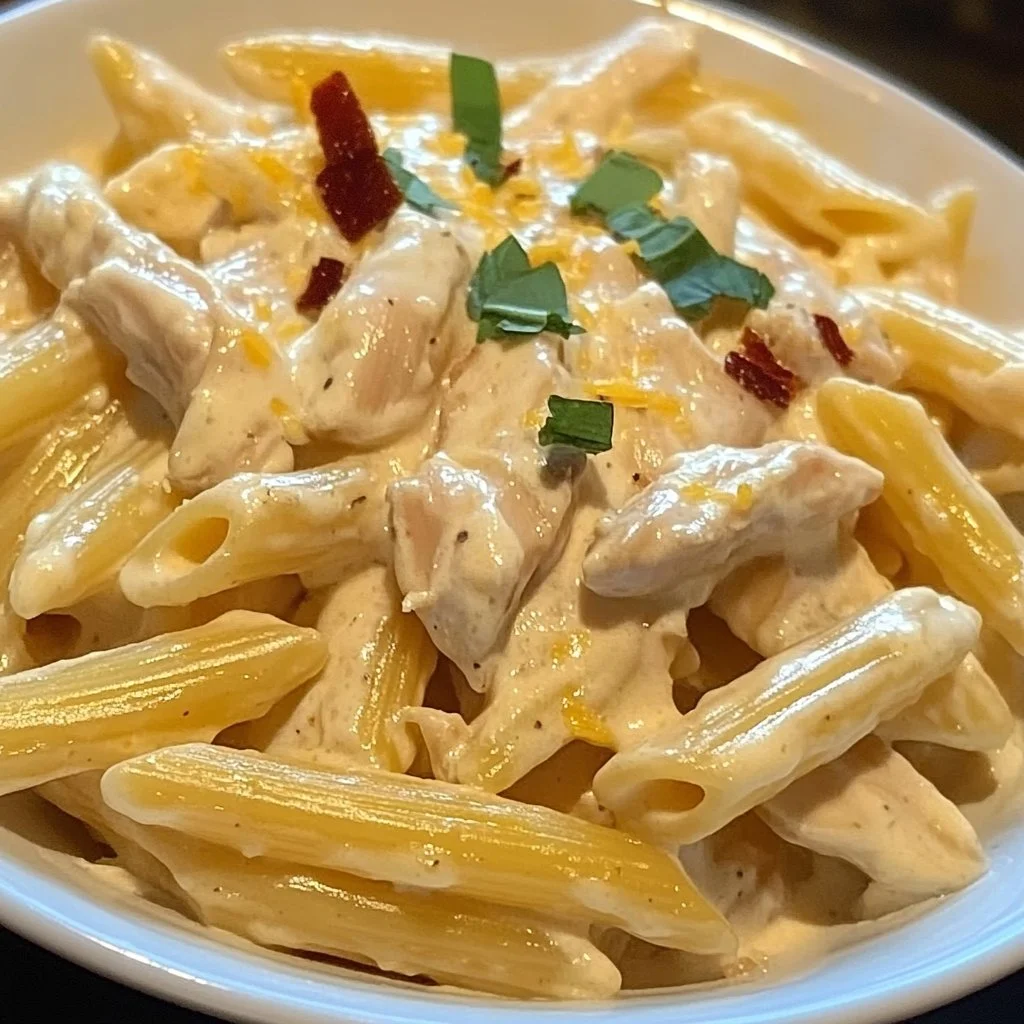 Delicious Crack Chicken Penne served in a bowl with creamy sauce and herbs