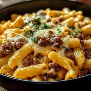 Creamy high protein beef pasta served in a bowl with herbs and cheese