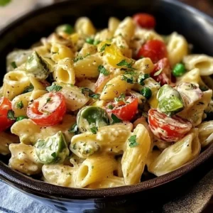 Delicious creamy pasta salad with fresh vegetables and herbs.