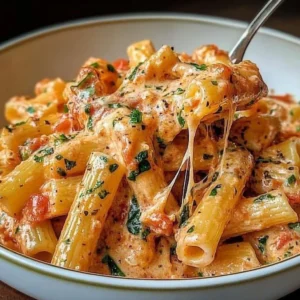 Creamy tomato garlic pasta dish garnished with fresh herbs