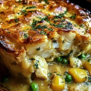 Curried fish pie topped with a golden crust, served on a plate.