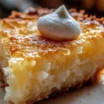 Slice of easy coconut rum pie topped with whipped cream and coconut flakes.