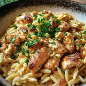 Delicious French onion chicken orzo dish served in a bowl