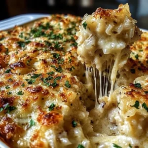 French Onion Chicken Rice Casserole topped with melted cheese and herbs