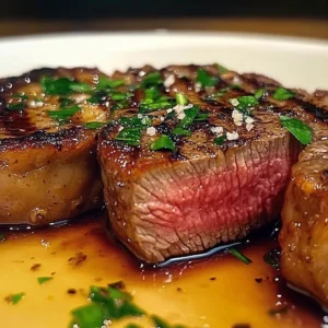 Delicious Garlic Butter Steak served with herbs and a side of vegetables