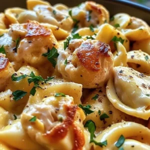 Creamy Garlic Parmesan Chicken Tortellini dish, garnished and ready to serve