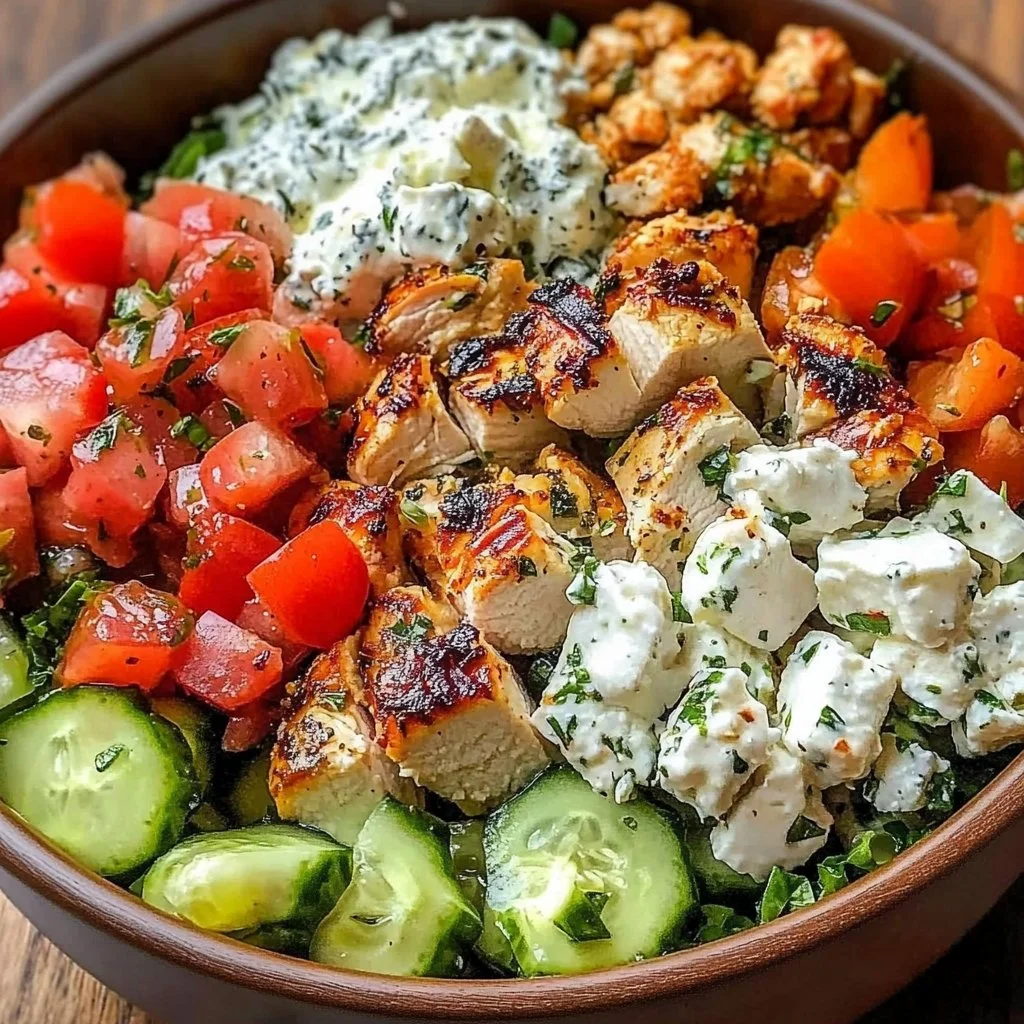 A vibrant Greek Chicken Bowl featuring grilled chicken, fresh veggies, and tasty herbs.