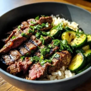 Grilled steak bowl featuring tender steak and fresh zucchini