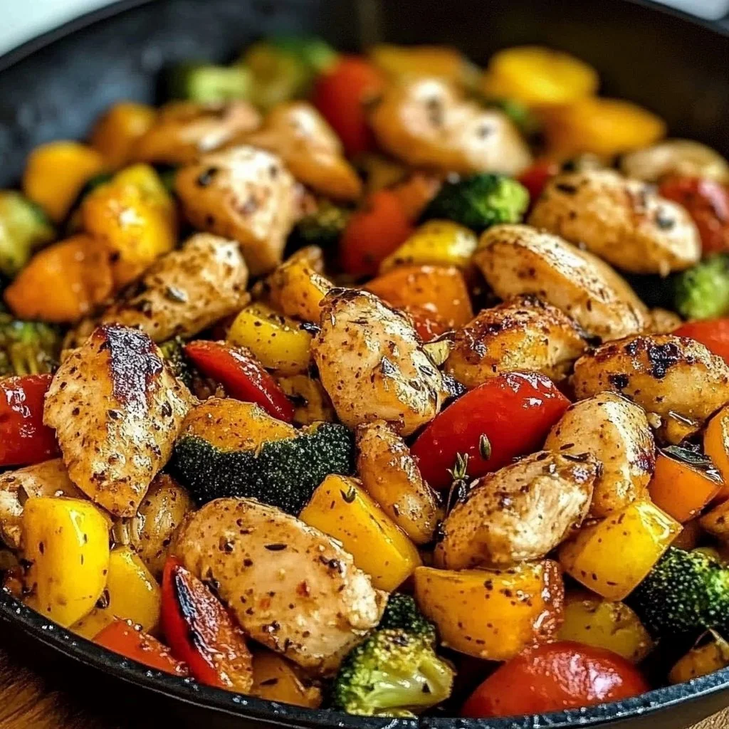 Healthy chicken and vegetables skillet recipe featuring vibrant ingredients.