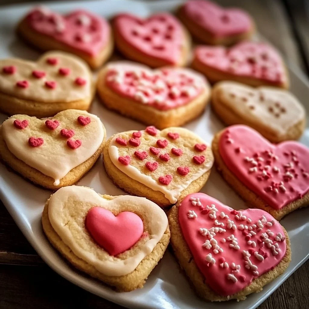 Freshly baked heart-shaped cookies on a decorative plate